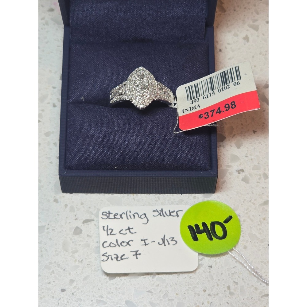 Sterling Silver 1/2 ct Diamond Marquise Cluster Engagement Ring Size 7 - Picture 2 of 4
